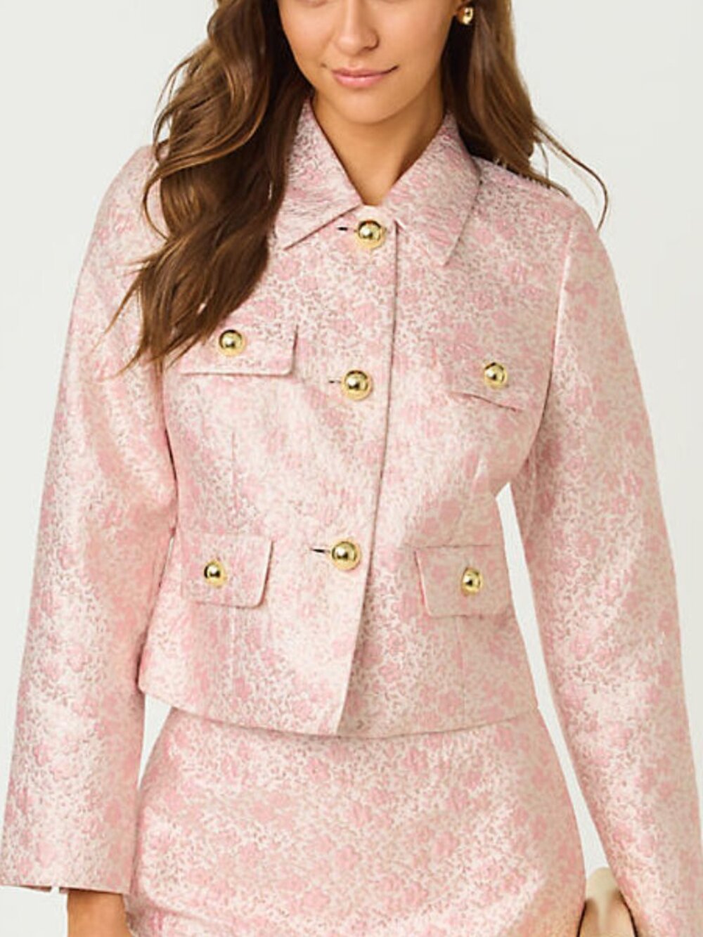 NWT Eloraina Brocade Jacket, Conch Shell Pink Ritsy Ditsy Metallic Brocade, S 12